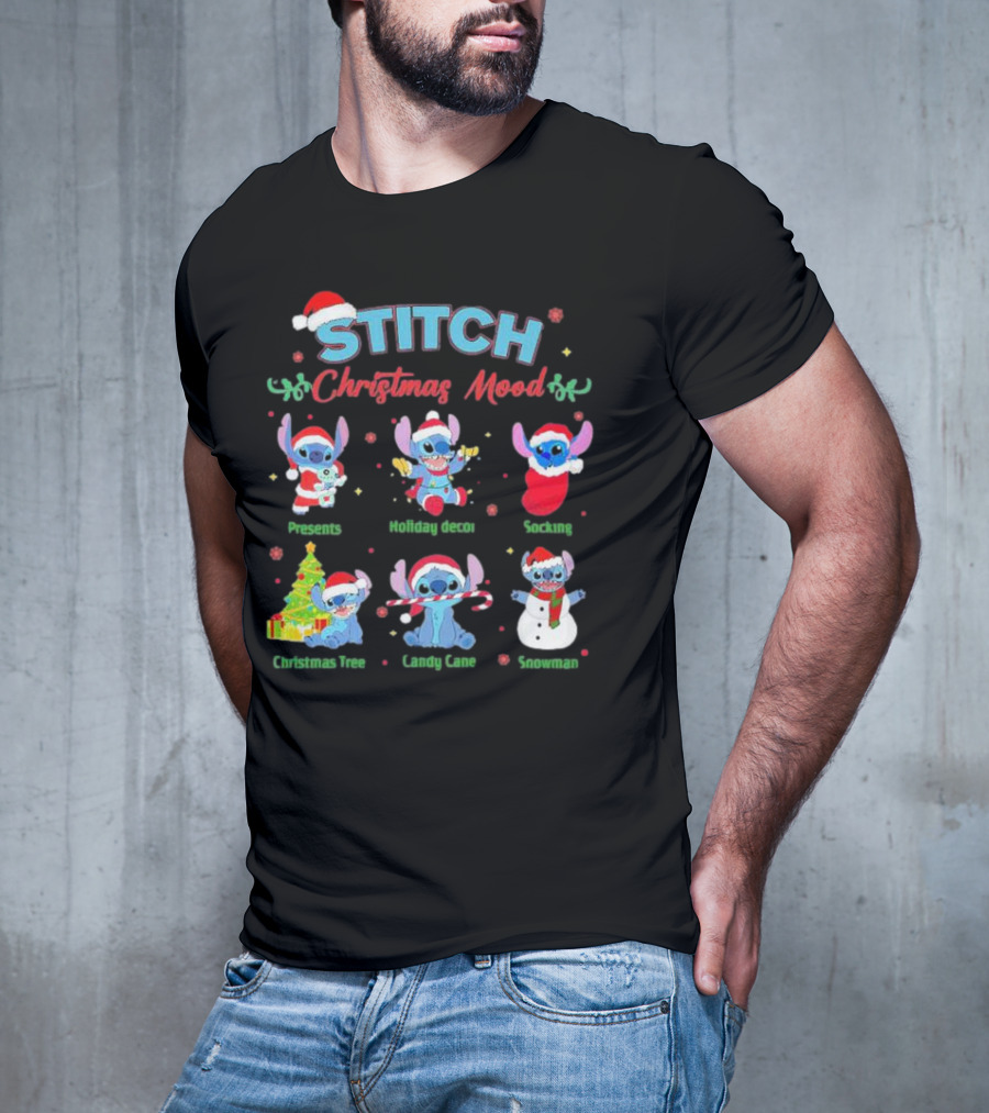 STITCH Christmas Mood Presents Holiday Decor Stocking Christmas Tree Candy Cane Snowman T-Shirt