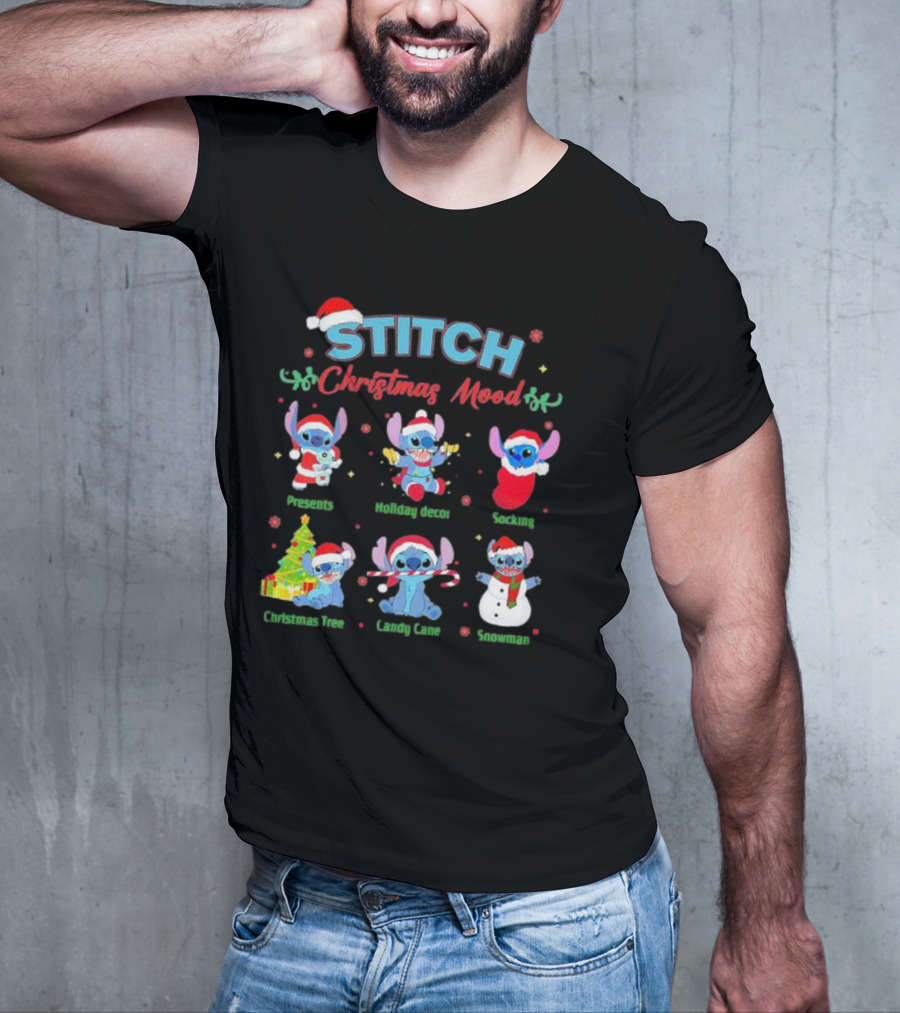STITCH Christmas Mood Presents Holiday Decor Stocking Christmas Tree Candy Cane Snowman T-Shirt
