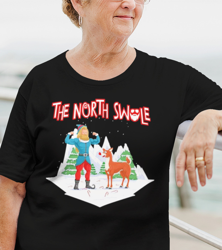 Papa Swolio Elf With Reindeer In The North Swole Winter Scene T-Shirt
