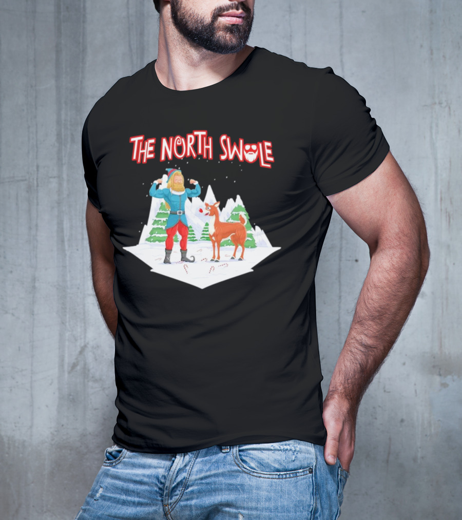 Papa Swolio Elf With Reindeer In The North Swole Winter Scene T-Shirt