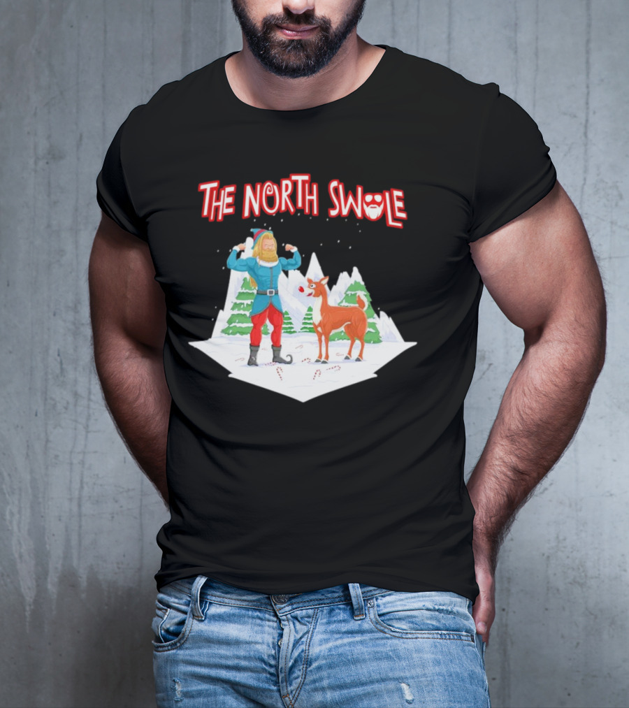 Papa Swolio Elf With Reindeer In The North Swole Winter Scene T-Shirt
