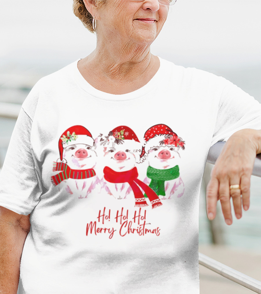 Ho Ho Ho Merry Christmas Pig Trio Santa Hat T-Shirt