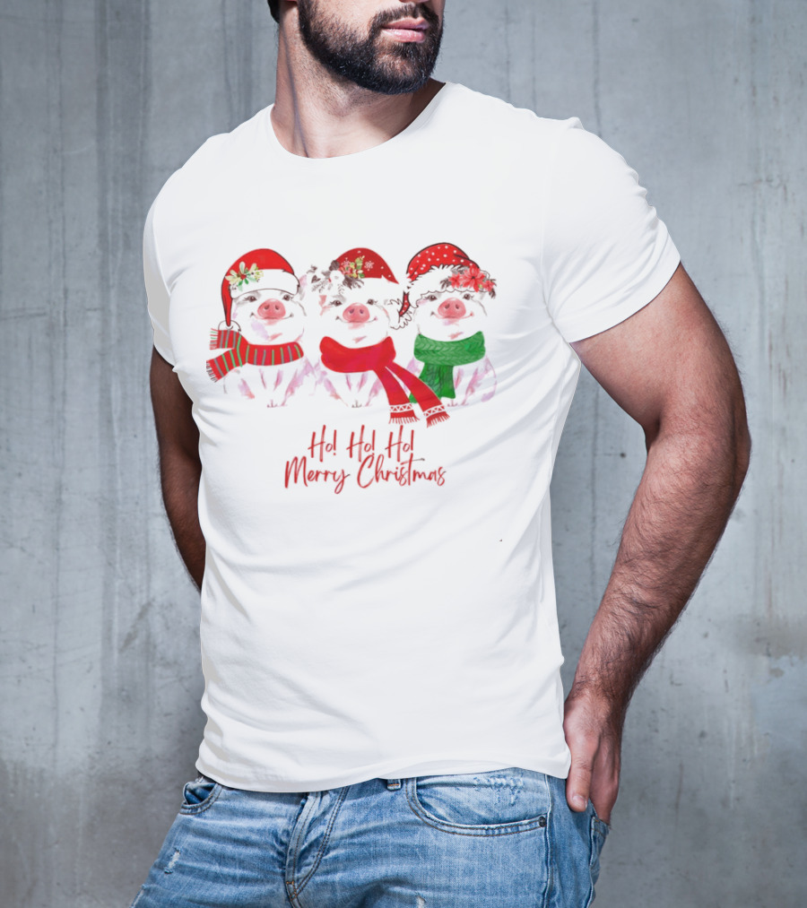 Ho Ho Ho Merry Christmas Pig Trio Santa Hat T-Shirt