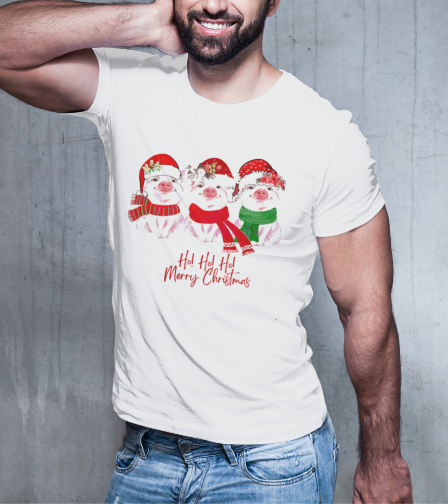 Ho Ho Ho Merry Christmas Pig Trio Santa Hat T-Shirt