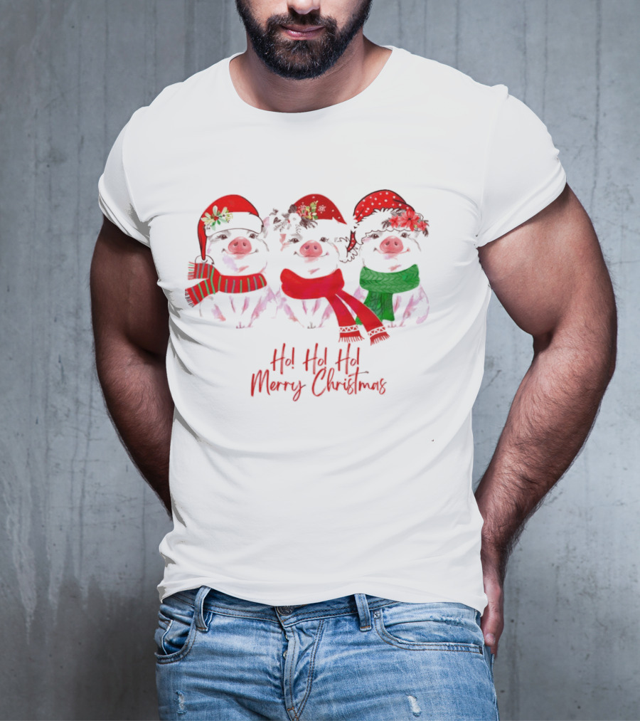 Ho Ho Ho Merry Christmas Pig Trio Santa Hat T-Shirt