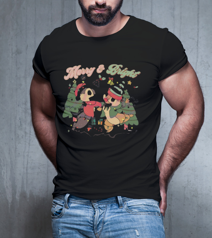 Chip And Dale Merry And Bright Christmas With Festive Trees And Holiday Cheer T-Shirt