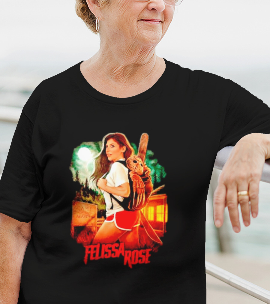 Felissa Rose Happy Camper Camp Arawak Masked Figure Forest Scene T-Shirt