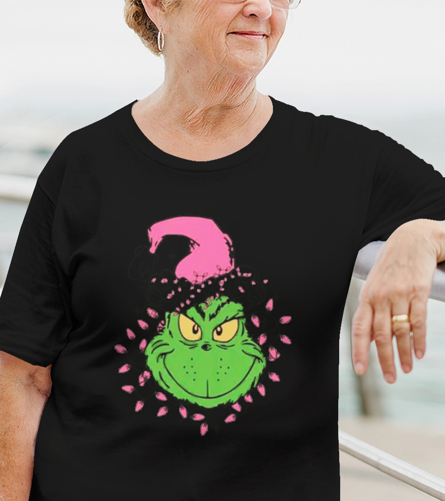 Grinch In Pink Santa Hat With Pink Christmas Lights T-Shirt