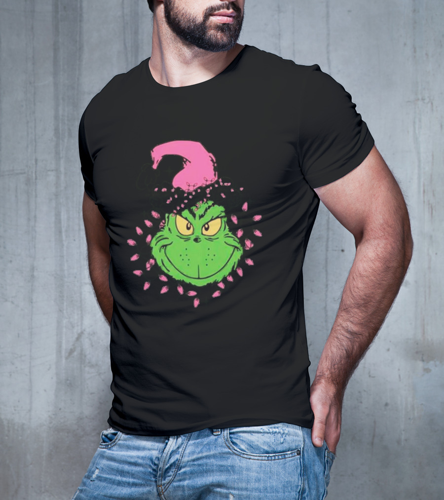 Grinch In Pink Santa Hat With Pink Christmas Lights T-Shirt