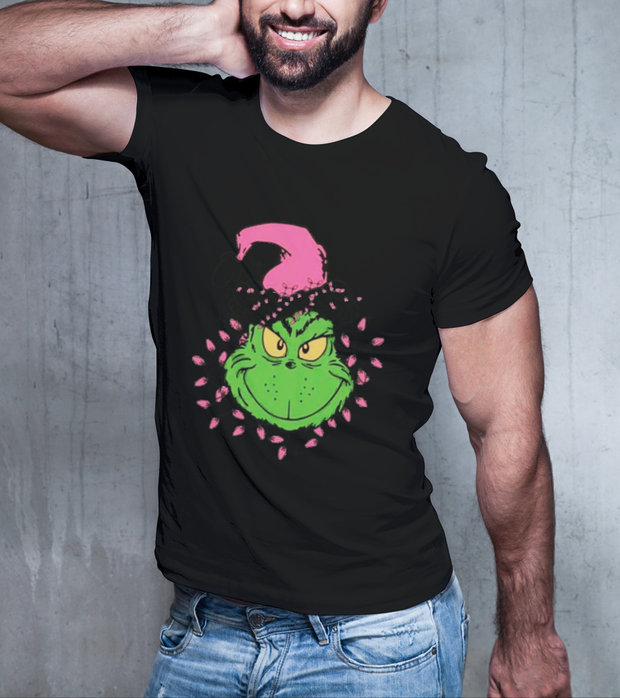 Grinch In Pink Santa Hat With Pink Christmas Lights T-Shirt