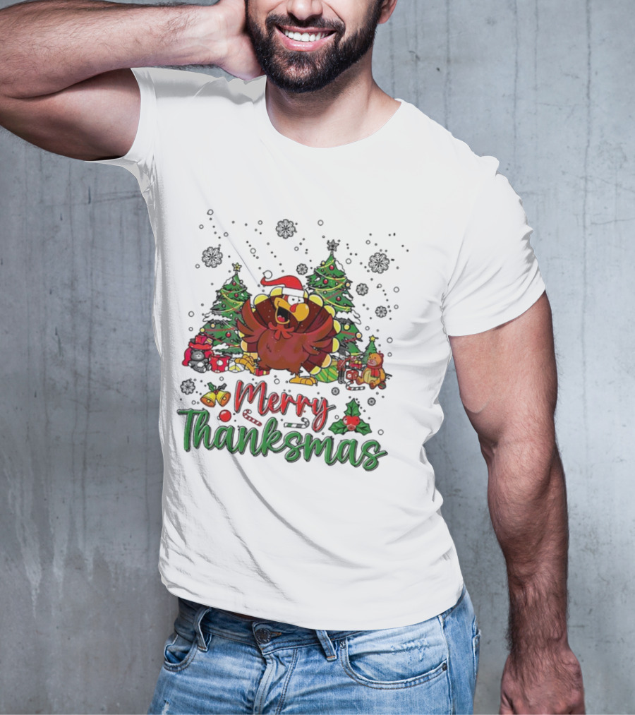Merry Thanksmas Funny Turkey Santa Hat Christmas Trees T-Shirt