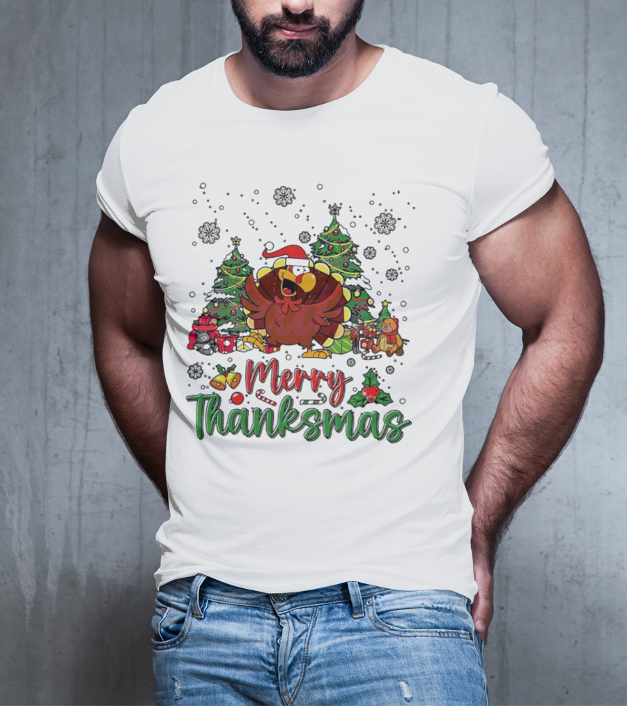Merry Thanksmas Funny Turkey Santa Hat Christmas Trees T-Shirt