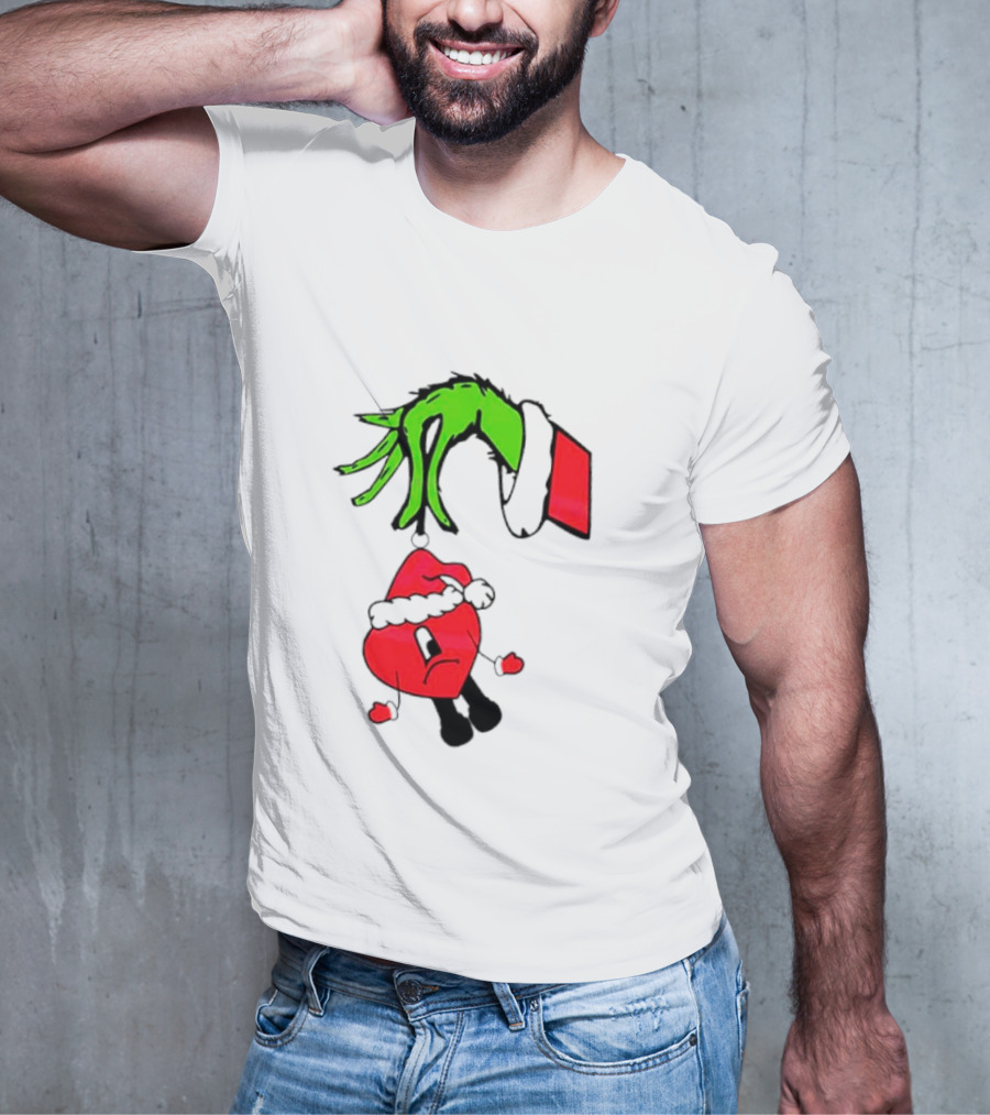 Grinch Hand Bad Bunny Santa Hat Christmas T-Shirt