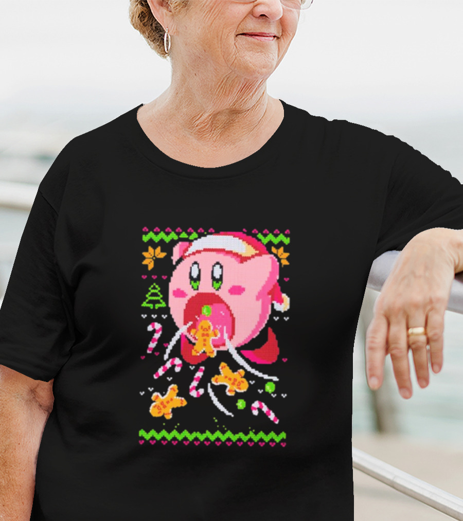 Kirby Santa Hat Eating Gingerbread Candy Canes Holiday T-Shirt