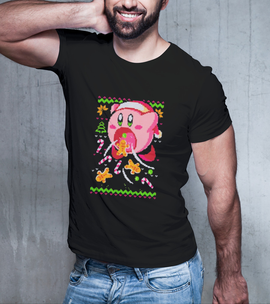 Kirby Santa Hat Eating Gingerbread Candy Canes Holiday T-Shirt