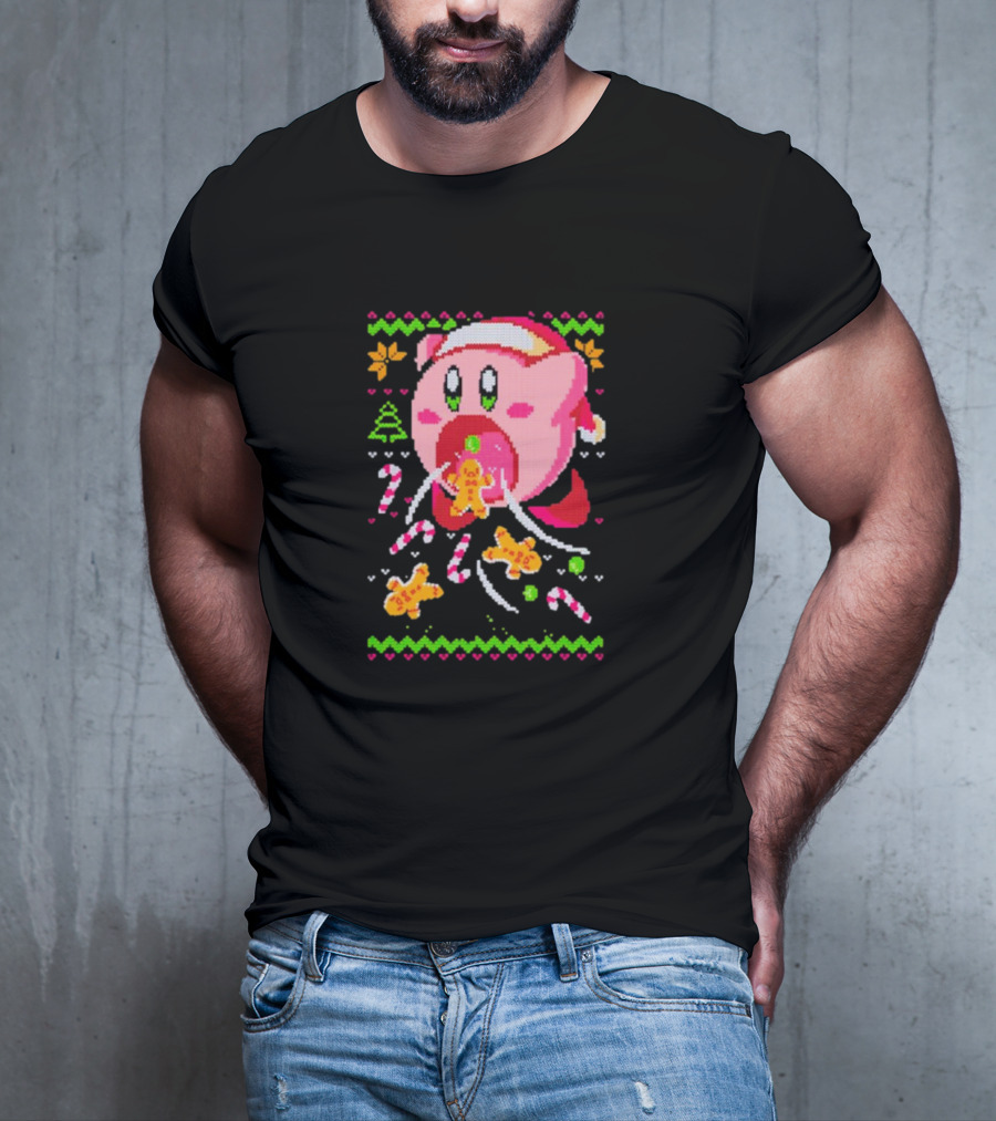 Kirby Santa Hat Eating Gingerbread Candy Canes Holiday T-Shirt