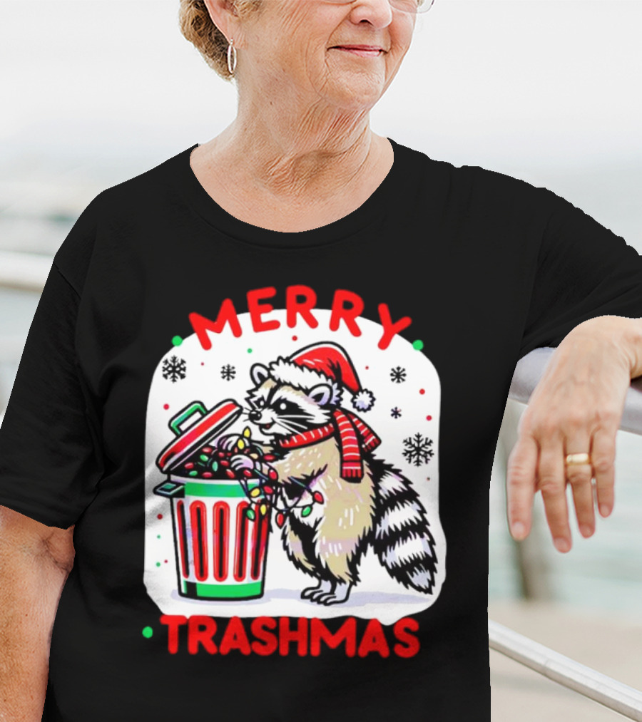 Merry Trashmas Raccoon Santa With Christmas Lights T-Shirt