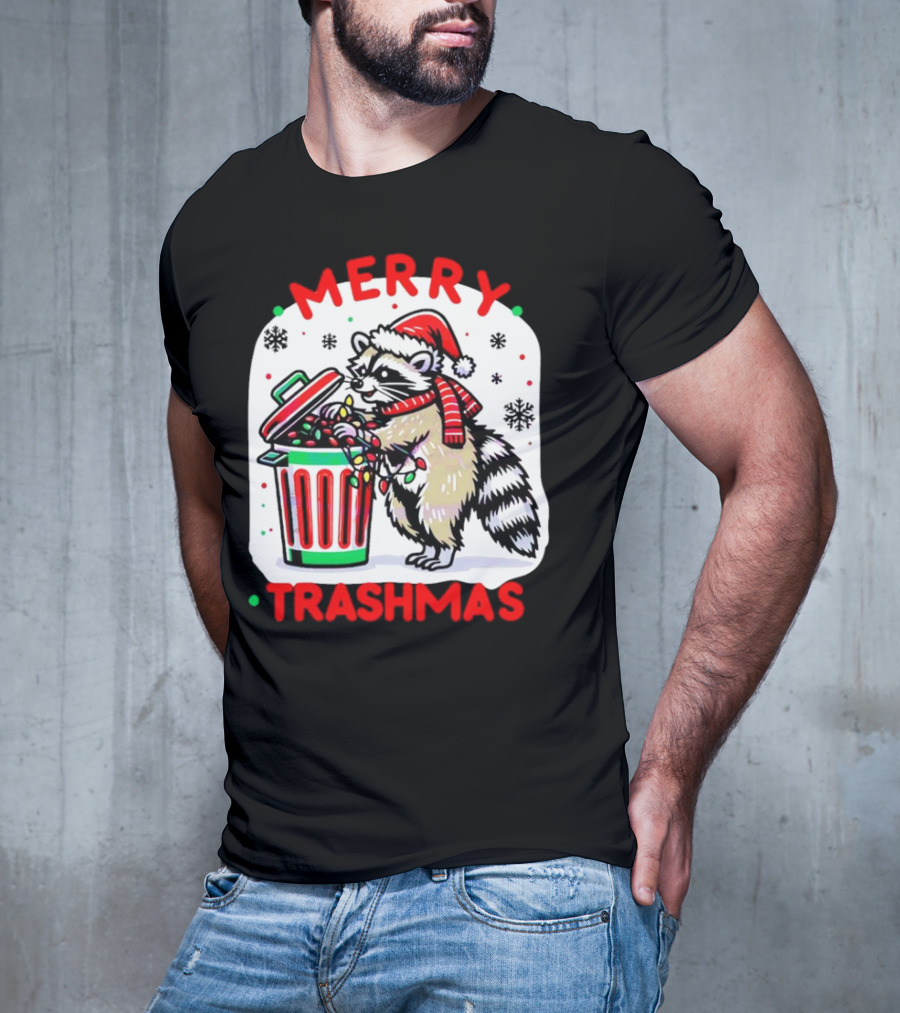 Merry Trashmas Raccoon Santa With Christmas Lights T-Shirt