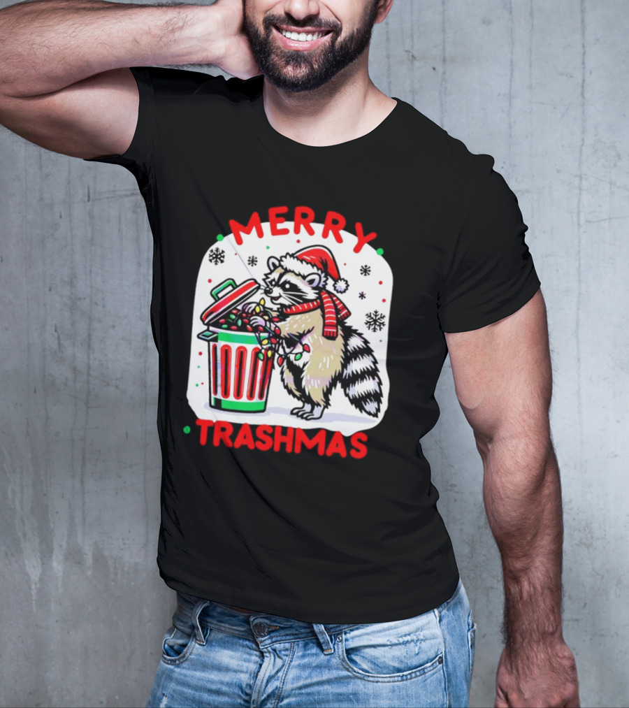 Merry Trashmas Raccoon Santa With Christmas Lights T-Shirt