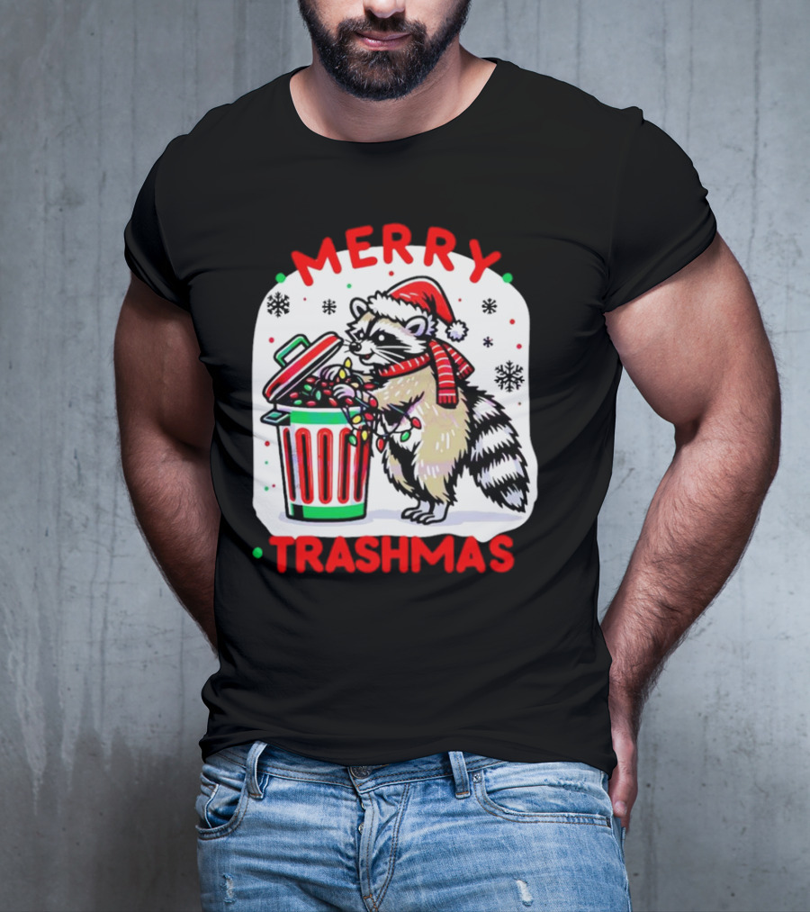 Merry Trashmas Raccoon Santa With Christmas Lights T-Shirt