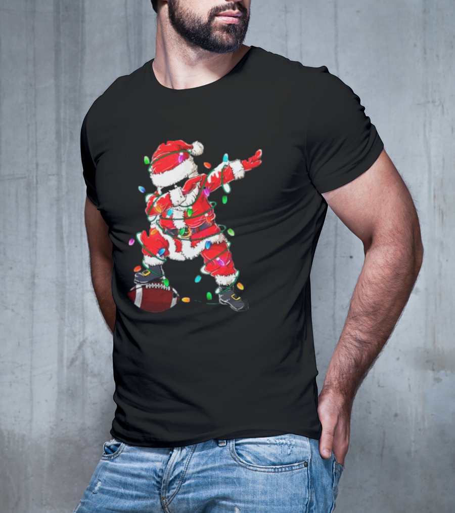 Santa Dabbing With Christmas Lights And Football T-Shirt