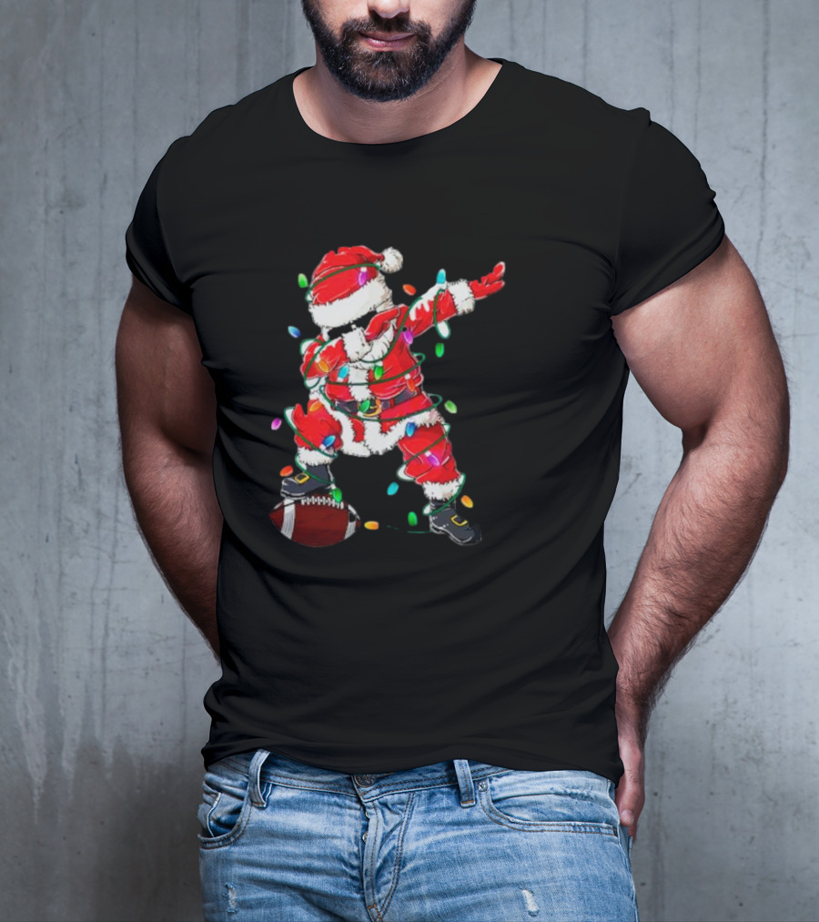 Santa Dabbing With Christmas Lights And Football T-Shirt