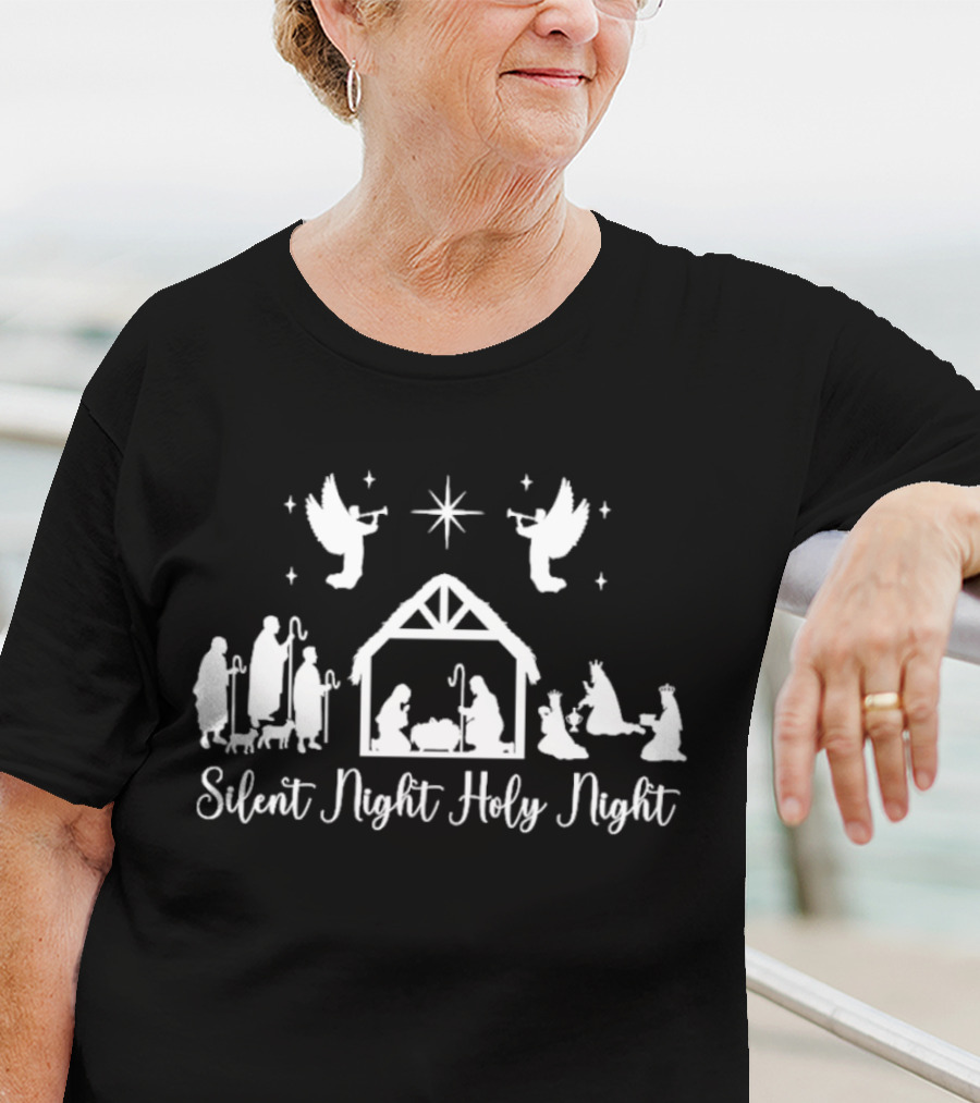 Silent Night Holy Night Nativity Scene With Angels And Star T-Shirt