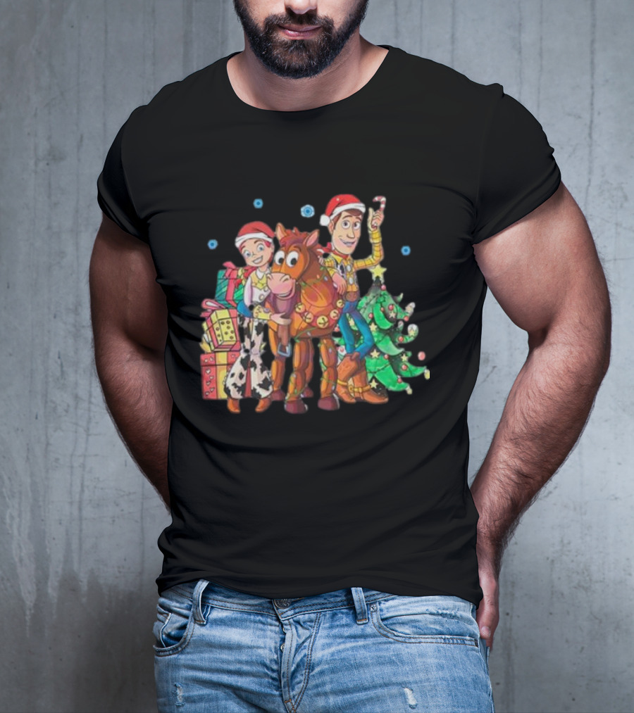 Toy Story Christmas Jessie Woody Bullseye Santa Hats Presents Christmas Tree T-Shirt