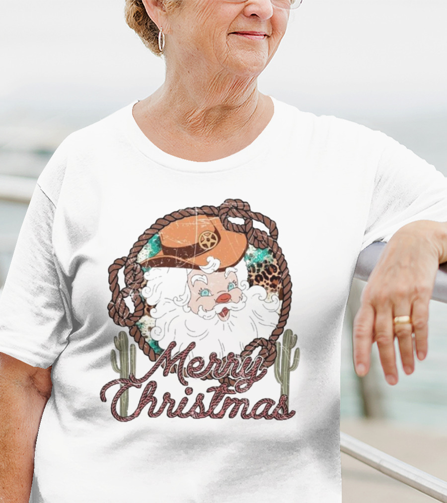 Merry Christmas Western Santa Cactus Rope Cowboy Hat T-Shirt