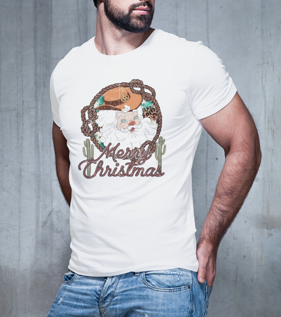 Merry Christmas Western Santa Cactus Rope Cowboy Hat T-Shirt