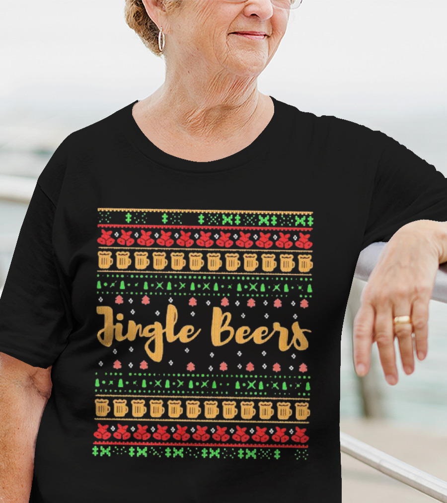 Jingle Beers Christmas Sweater Pattern With Beer Mugs And Holiday Decorations T-Shirt