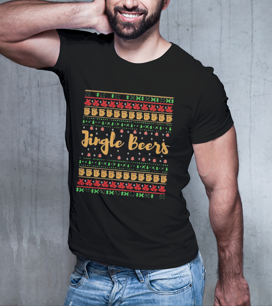 Jingle Beers Christmas Sweater Pattern With Beer Mugs And Holiday Decorations T-Shirt