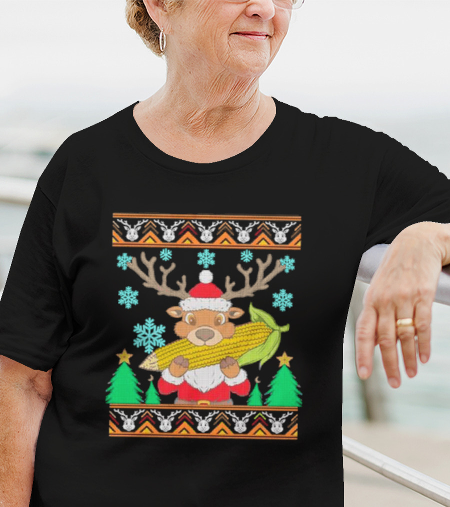 Reindeer Holding Corn With Snowflakes And Trees Christmas T-Shirt