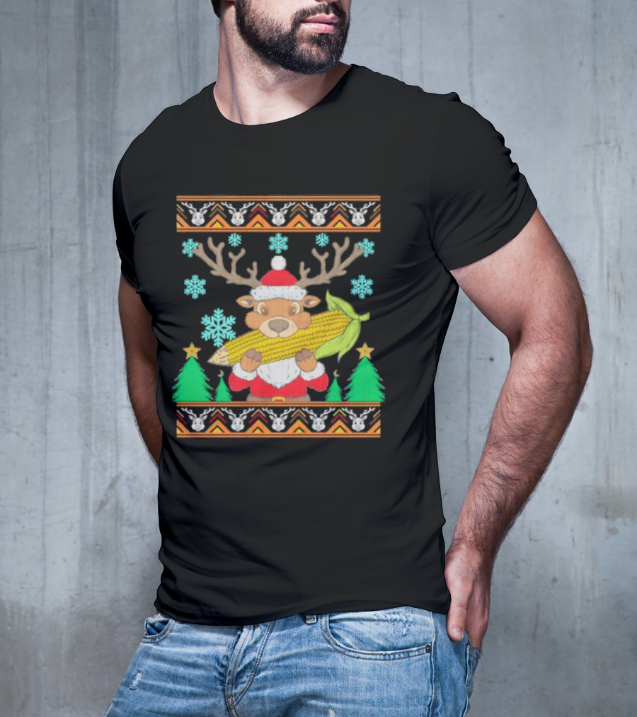 Reindeer Holding Corn With Snowflakes And Trees Christmas T-Shirt