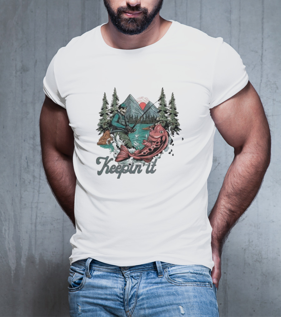 Keepin' It Reel Skeleton Fishing Adventure With Giant Fish And Mountain Lake Scene T-Shirt
