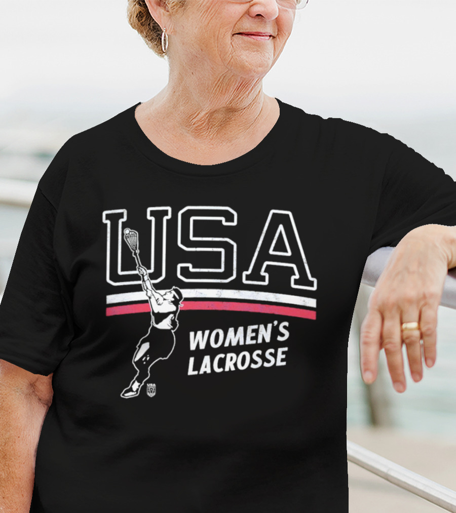 USA Women's Lacrosse Athletic Graphic With Player And Red White Stripes T-Shirt