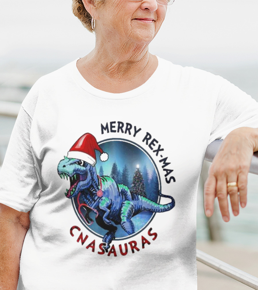 Merry Rex-mas CNAauras Santa Hat Dinosaur Christmas Tree Forest T-Shirt