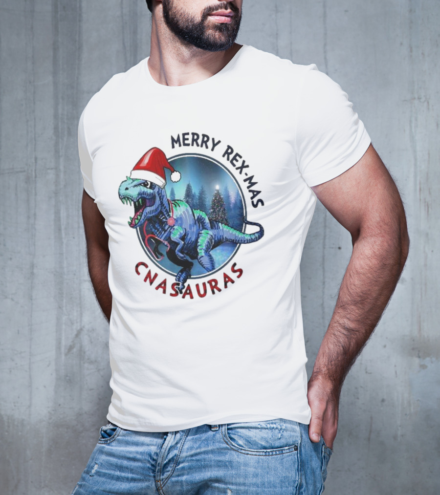 Merry Rex-mas CNAauras Santa Hat Dinosaur Christmas Tree Forest T-Shirt