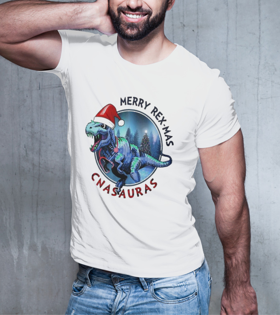 Merry Rex-mas CNAauras Santa Hat Dinosaur Christmas Tree Forest T-Shirt