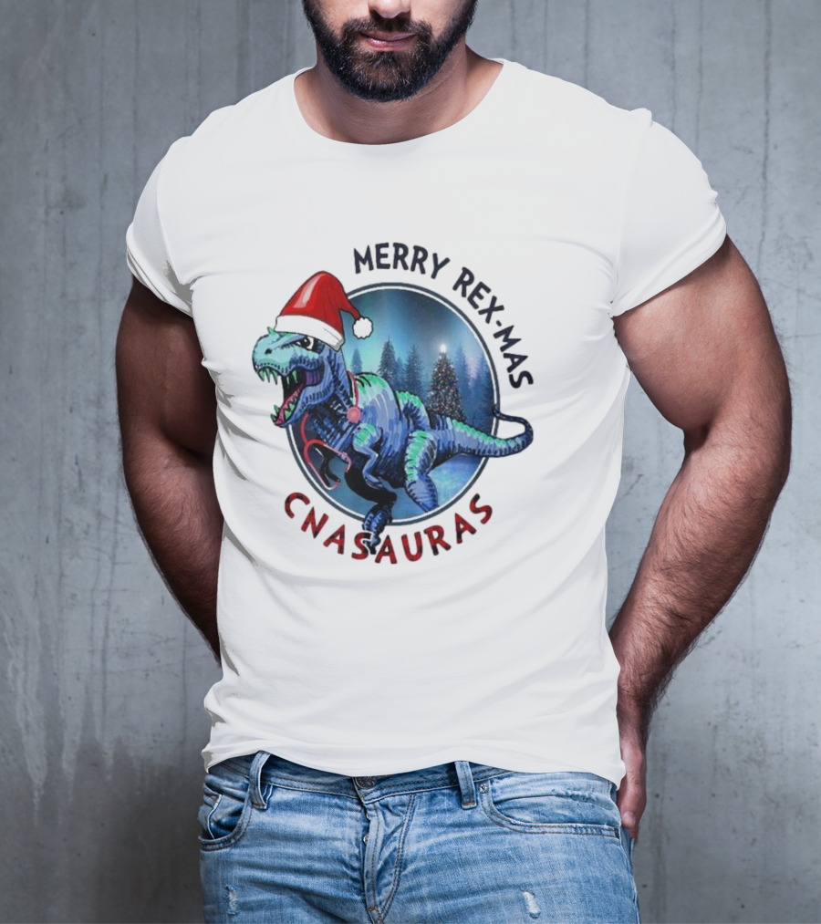 Merry Rex-mas CNAauras Santa Hat Dinosaur Christmas Tree Forest T-Shirt