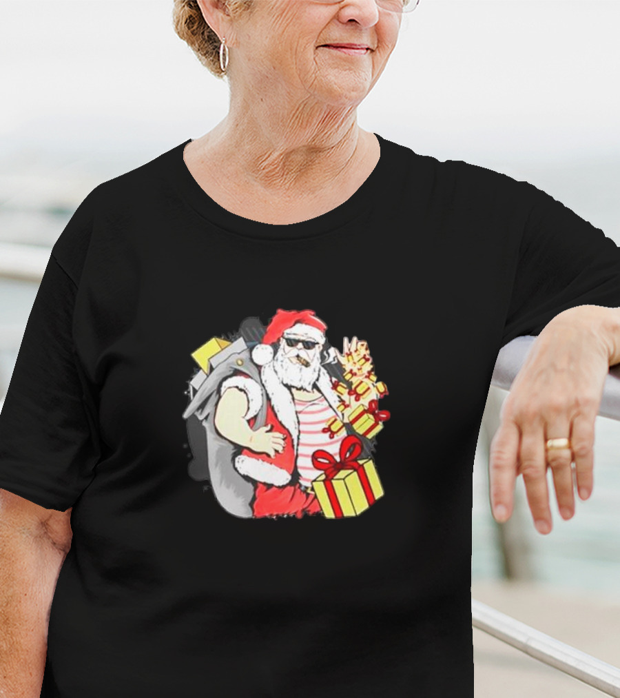 Santa Claus Cool Sunglasses Carrying Christmas Gifts T-Shirt
