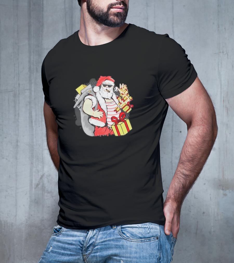 Santa Claus Cool Sunglasses Carrying Christmas Gifts T-Shirt