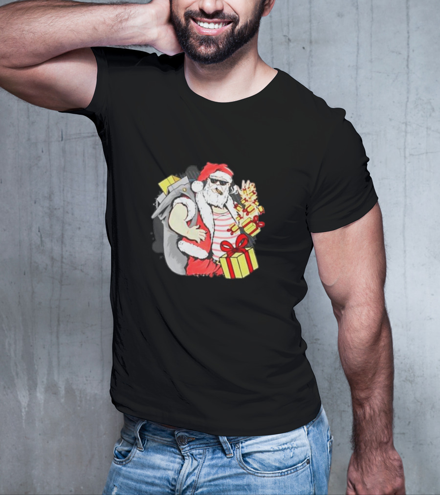 Santa Claus Cool Sunglasses Carrying Christmas Gifts T-Shirt