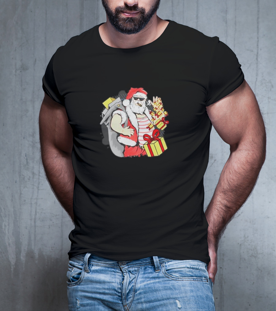 Santa Claus Cool Sunglasses Carrying Christmas Gifts T-Shirt