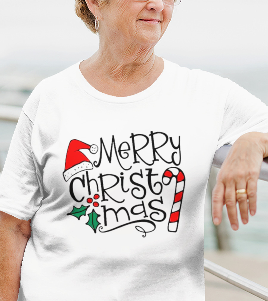 Merry Christmas Santa Hat And Candy Cane T-Shirt