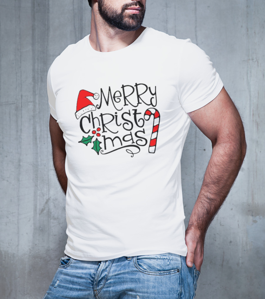 Merry Christmas Santa Hat And Candy Cane T-Shirt