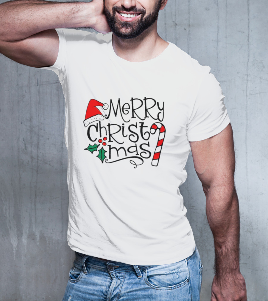 Merry Christmas Santa Hat And Candy Cane T-Shirt