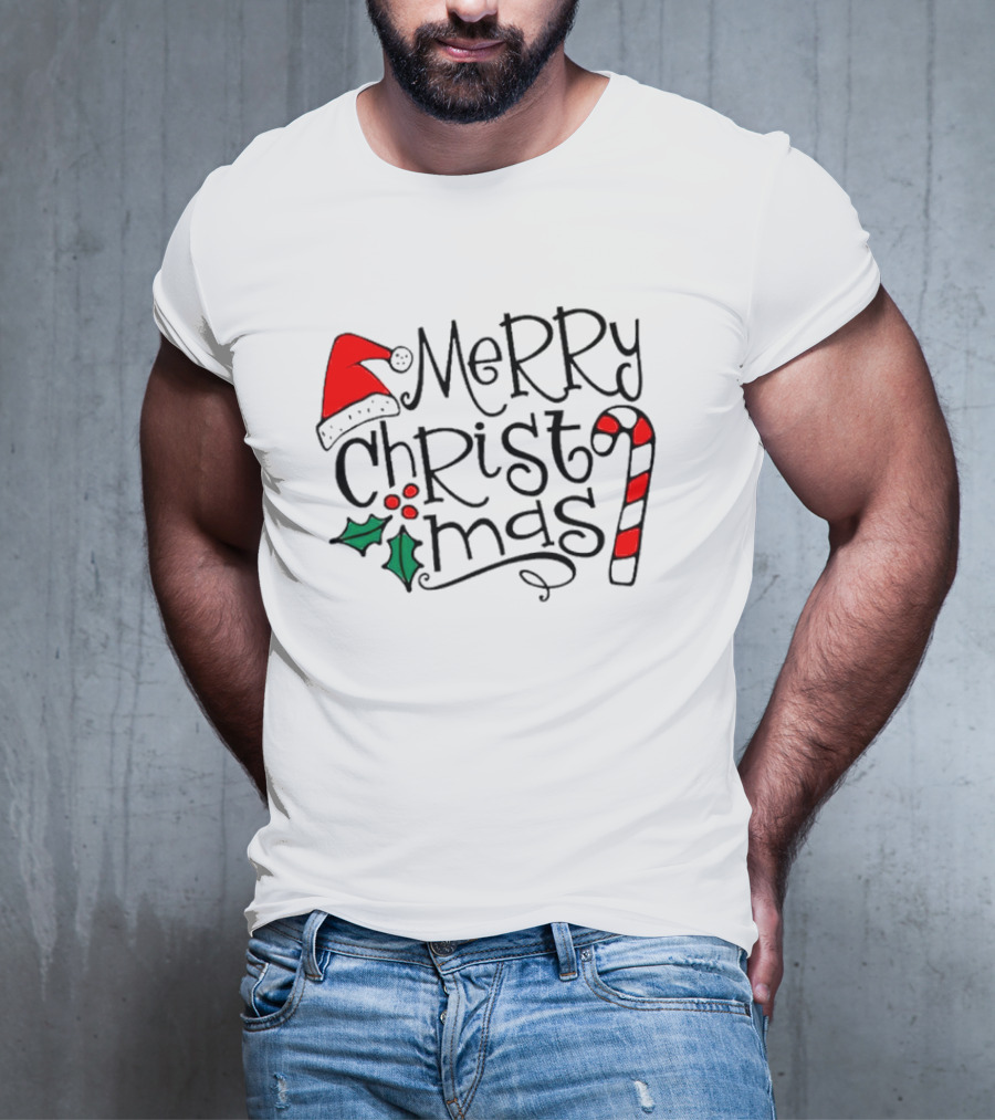 Merry Christmas Santa Hat And Candy Cane T-Shirt