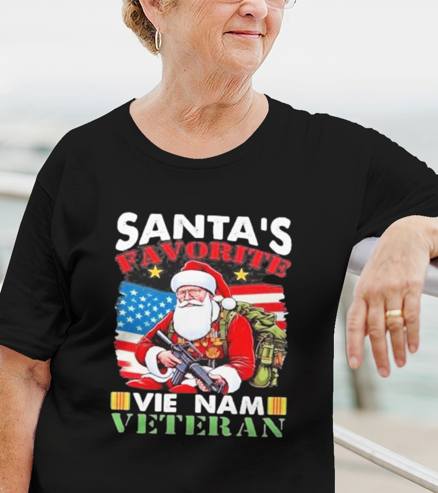 Santa's Favorite Vietnam Veteran With American Flag And Santa Claus Holding Military Gear T-Shirt