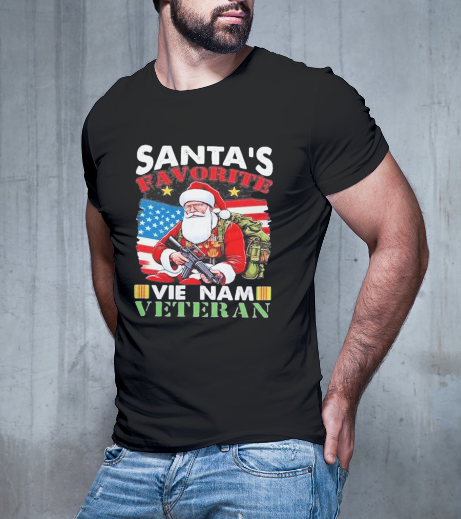 Santa's Favorite Vietnam Veteran With American Flag And Santa Claus Holding Military Gear T-Shirt